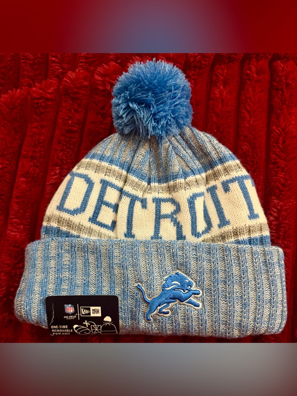 New Era Detroit Knit Pom Beanie Hat - Light Blue, White & Gray